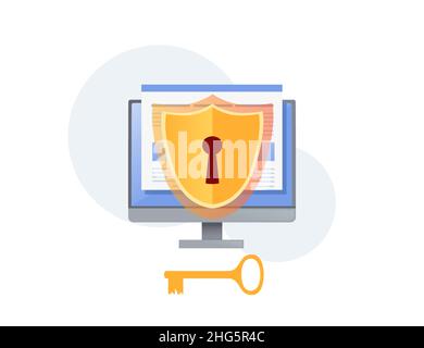 Digital data protection concept with golden shield lock and key vector illustration on white background Stock Vector