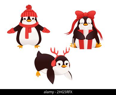 Set of cute penguins dressed in warm winter clothes and building snow man cartoon animal design flat vector illustration Stock Vector