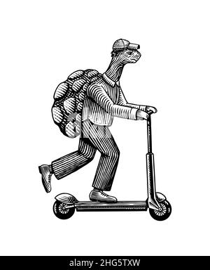 A turtle man in a suit rides a scooter. Food delivery man. Fashion animal character. Hand drawn woodcut outline sketch. Vector engraved illustration Stock Vector