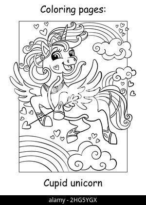 Cute Unicorn Cupid with bow and arrow flying in the sky with a rainbow and hearts. Coloring book page for children. Vector cartoon illustration. For c Stock Vector