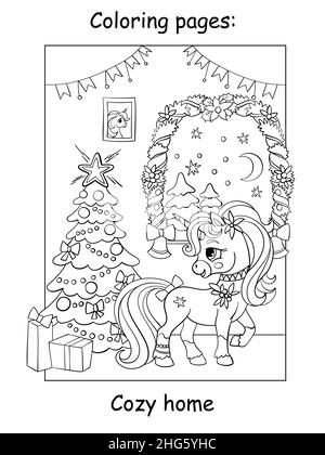 Cute and funny unicorn in a cozy house with a Christmas tree. Coloring book page for children. Vector cartoon illustration. For coloring books pages, Stock Vector