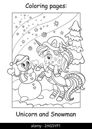Cute and funny unicorn with a snowman on a winter background. Coloring book page for children. Vector cartoon illustration. For coloring books pages, Stock Vector
