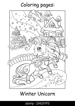 Cute and funny unicorn with a snowman on a snowy winter background. Coloring book page for children. Vector cartoon illustration. For coloring books p Stock Vector