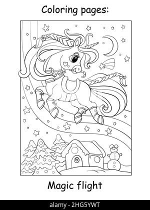 Cute and funny flying unicorn on a winter background. Coloring book page for children. Vector cartoon illustration. For coloring books pages, print an Stock Vector