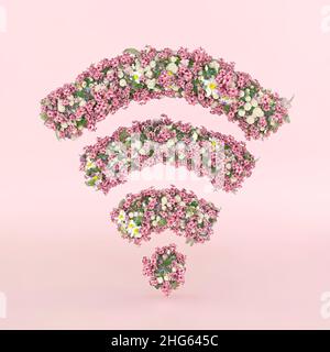 Flower creative Spring concept of internet wireless sign. Wi-Fi on pastel pink background. Stock Photo