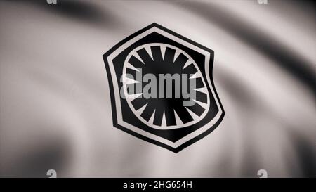 Waving in the wind flag with the symbol of Star Wars. The animation of the flag of the Star Wars Symbol. The star Wars theme. Editorial use only. Stock Photo