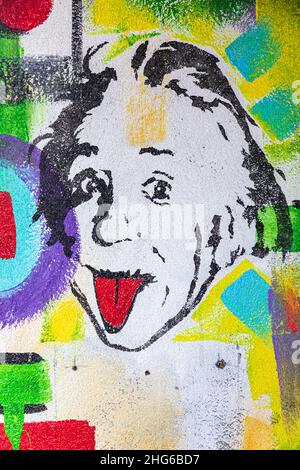 Jackson Heights, Queens, New York City, New York, USA. November 5, 2021. Mural of Albert Einstein sticking out his tongue. Stock Photo