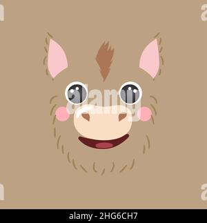 Cute donkey portrait square smiley head cartoon round shape animal face, isolated vector icon illustration. Flat avatar funny farm simple hand drawn for kids poster, cards, t-shirts, baby clothes Stock Vector