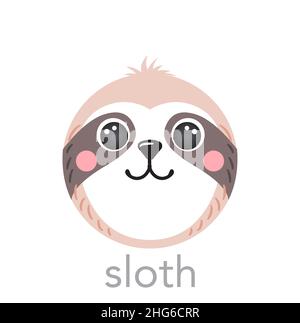 Sloth Cute portrait with name text smiley head cartoon round shape animal face, isolated vector icon illustrations on white background. Flat simple hand drawn for kids poster, t-shirts, baby clothes Stock Vector