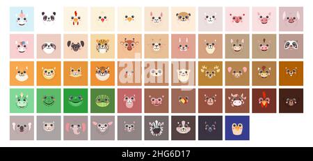 Square Animals Set Cute portraits cartoon avatar illustration flat vector cat, dog, lama, unicorn, tiger, bear, rabbit, donkey, frog, hen, sheep isolated on white for UI, app, mobile, kids poster Stock Vector