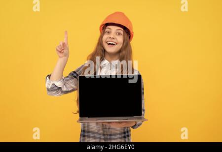 building and construction. presentation. happy child worker wear hardhat. childhood online education Stock Photo
