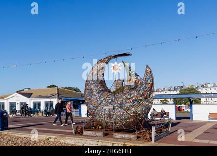 Treadgold Fish Sculpture, a sculpture of waste empty plastic bottles on Eastney Esplanade, Southsea, Portsmouth, Hampshire, south coast England Stock Photo