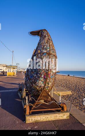 Treadgold Fish Sculpture, a sculpture of waste empty plastic bottles on Eastney Esplanade, Southsea, Portsmouth, Hampshire, south coast England Stock Photo