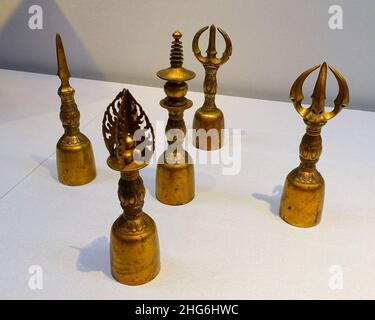 Set of five ritual bells representing the Five Dhyani Buddhas, Japan, Kamakura period, 1200s AD, bronze Stock Photo
