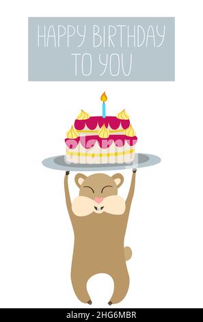 Happy birthday postcard. Hamster character holding a birthday cake on a tray. Stock Vector