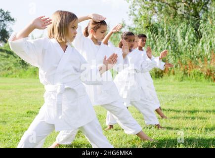 Group of young children doing karate kicks during karate class in park Stock Photo