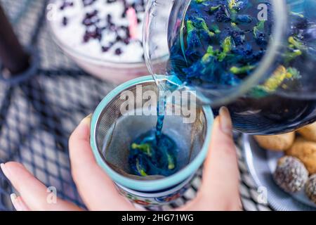 Hand pouring tea from glass teapot of butterfly pea Clitoria ternatea colorful color tea blue and purple through mesh strainer diffuser into teacup cu Stock Photo
