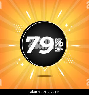 79% off. Yellow banner with seventy-nine percent discount on a black balloon for mega big sales. Stock Vector