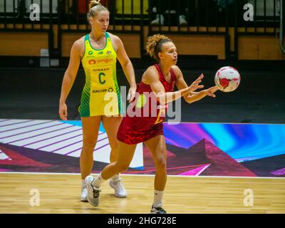 London, UK. 18th Jan, 2022. Copper Box Arena, London, 18th January 2022 Serena Guthrie (Centre Court - Captain - C, WD - Vitality Roses) makes a passin the match between Vitality Roses (England) and Diamonds (Australia) in the Quad Series at the Copper Box Arena, London on 18th January 2022 Claire Jeffrey/SPP Credit: SPP Sport Press Photo. /Alamy Live News Stock Photo