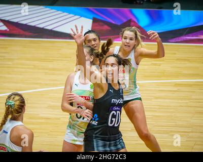 London, UK. 18th Jan, 2022. Copper Box Arena, London, 18th January 2022 Jostling for space in the scoring circle in the match between Proteas (South Africa) and Silver Ferns (New Zealand) in the Quad Series at the Copper Box Arena, London on 18th January 2022 Claire Jeffrey/SPP Credit: SPP Sport Press Photo. /Alamy Live News Stock Photo