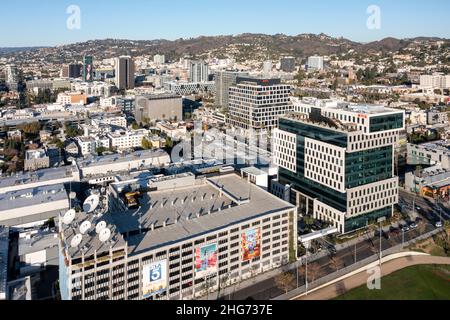 Aerial view of Hollywood, California with Netflix headquarters building on Sunset Boulevard Stock Photo