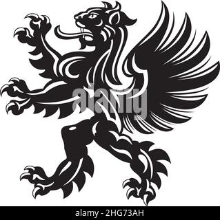 Winged lion tattoo. Black / white silhouette Stock Vector
