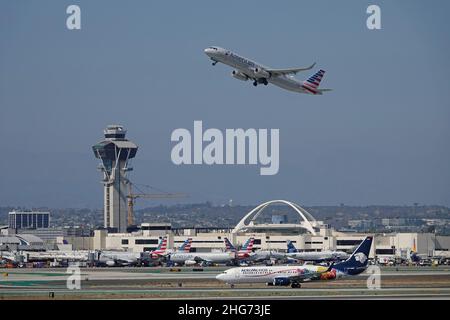Los Angeles, CA / USA - August 11, 2019: An Airbus A321-231 commercial airliner jet, operated by American Airlines, is shown taking off from LAX. Stock Photo