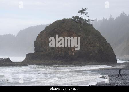 The Short Beach on the Oregon Coast seen on Sunday, January 16, 2022. Pacific tsunami threat recedes as volcano ash over Tonga hinders response. Stock Photo