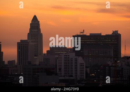 Iconic view of Los Angeles City Hall building at sunset Stock Photo