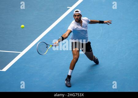 MELBOURNE, AUSTRALIA - JANUARY 17: Matteo Berrettini of Italy during his first round match against Brandon Nakashima of teh USA at the  2022 Australian Open at Melbourne Park on January 17, 2022 in Melbourne, Australia. (Photo by Andy Astfalck/Orange Pictures) Stock Photo
