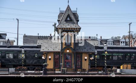 Boyertown, Pennsylvania- May 3, 2020: The Colebrookdale Railroad  train station. The railroad is a tourist passanger service in Southwestern Pennsylva Stock Photo