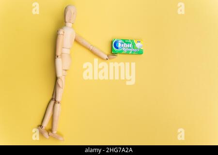 Tyumen, Russia-December 27, 2021: Wrigleys Extra and Orbit chewing gum. Copy space Stock Photo