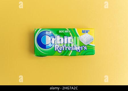 Tyumen, Russia-December 27, 2021: Wrigleys Extra and Orbit chewing gum. Close up Stock Photo