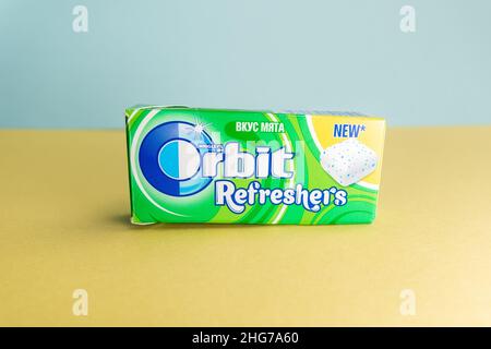 Tyumen, Russia-December 27, 2021: Orbit chewing gum made by Wrigley with mint refreshes. Close up Stock Photo