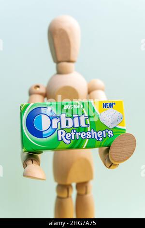 Tyumen, Russia-December 27, 2021: Orbit chewing gum made by Wrigley with mint refreshes. Close up Stock Photo