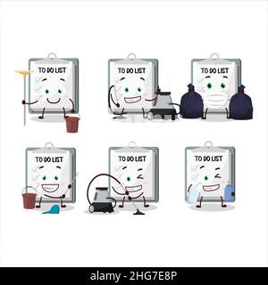 Cleaning service paper sheet with clipboard cute cartoon character using mop. Vector illustration Stock Vector