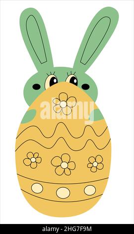 Cute easter bunny hiding behind ornamented egg. Funny rabbit easter celebration element for poster, card, invitation Stock Vector