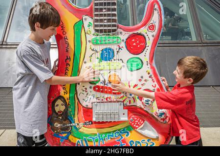 Cleveland Ohio,Rock & Roll Hall of Fame Museum,history,exhibit exhibition collection,display sale memorabilia,music,education,learn,information,Guitar Stock Photo