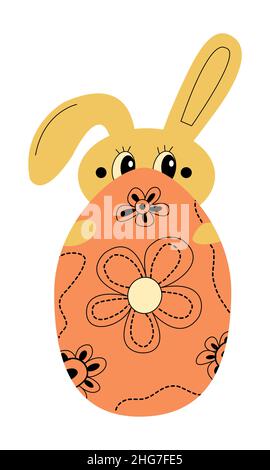 Cute easter bunny hiding behind ornamented egg. Funny rabbit easter celebration element for poster, card, invitation Stock Vector