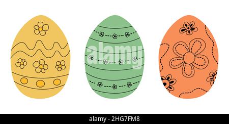 Set of 3 easter eggs with ornaments. Simple egg shapes with flowers, lines, curves, and fun easter motives Stock Vector