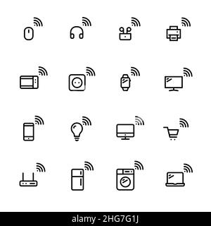 Internet of things. Smart devices with wireless connections. Pixel perfect, editable stroke minimalistic icons set Stock Vector