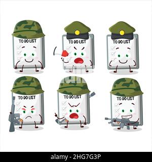 A charming soldier paper sheet with clipboard cartoon picture bring a gun machine. Vector illustration Stock Vector