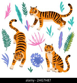 Set of cute cartoon tigers and tropical floral elements isolated on white background. Stock Vector