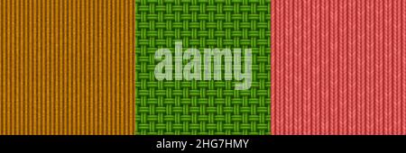 Textures of woven fabric, corduroy and knit. Vector cartoon set of seamless patterns with textile weave, velvet and knitting material. Fiber weaving, velveteen and knitwear texture Stock Vector