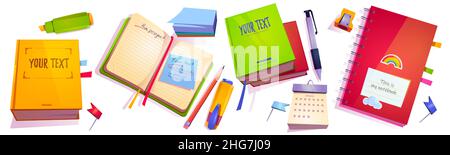 Stationery and notebooks, school or office supplies and notepads of different design. Pen, highlighter, pencil sharpener, calendar, map pin, sticky notes and diary isolated Cartoon vector illustration Stock Vector