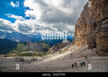 Hikers in Focella Pordoi on Sella Group Dolomite, Italy, Trentino Stock Photo