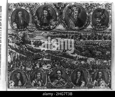 Siege and relief of Vienna in 1683, with portraits of Ernst Rudiger von Starhemberg, Emperor Leopold I, Sultan Mehmed IV, Kara Mustafa, Count of Waldeck, Elector of Saxony, John III Stock Photo