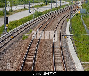 Umea, Norrland Sweden - June 17, 2020: railway tracks seen from above bridge Stock Photo