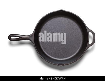 Cast Iron Frying Pan Top View Cut out on White. Stock Photo