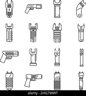 Taser icons set outline vector. Police gun. Safety stun electroshock Stock Vector